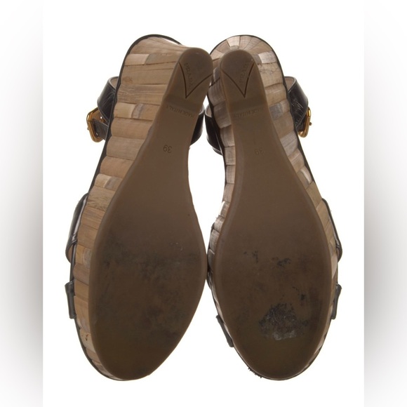 Prada Metallic Silver Pewter Patent Leather Bamboo Wedge Ankle Strap Sandals 39 - Picture 5 of 13